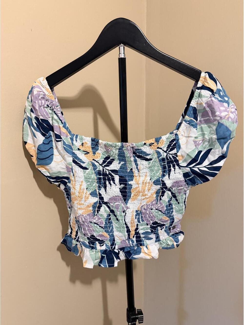 Roxy Tropical Smocked Puff Sleeve Crop Top Size S